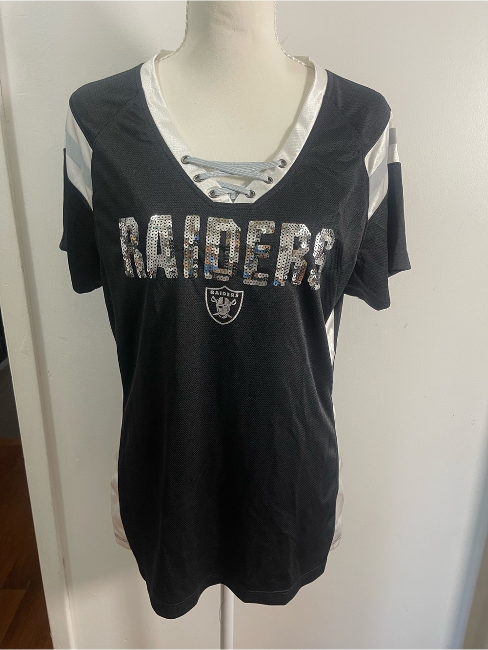 NFL Raiders Sequin Lace Up Jersey Top Women’s L